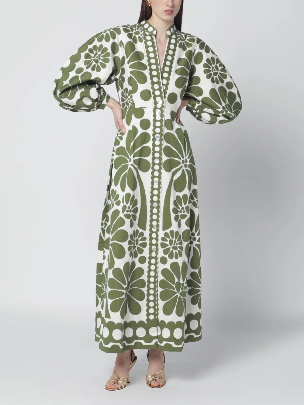NWT - Farm Rio Green Palermo Buttoned Puff Sleeve Maxi Dress - size small - Picture 2 of 6